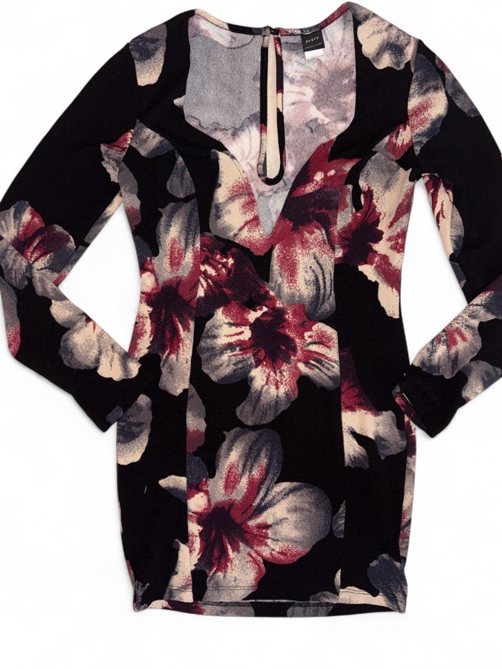privy Black Floral Long-Sleeve Dress with Burgundy and Cream Blooms